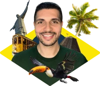 Jefferson surrounded by famous icons of Brazil such as the Christ, a palm tree, a toucan, Rio's cathedral, and a yellow tram