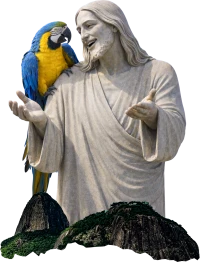 Christ the redeemer laughing with a parrot on his shoulder