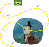 a dotted path over a woman holding a map