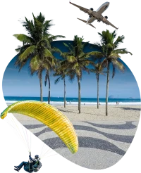 A glipse of Copacabana beach with a paraglider and a jet flying overhead